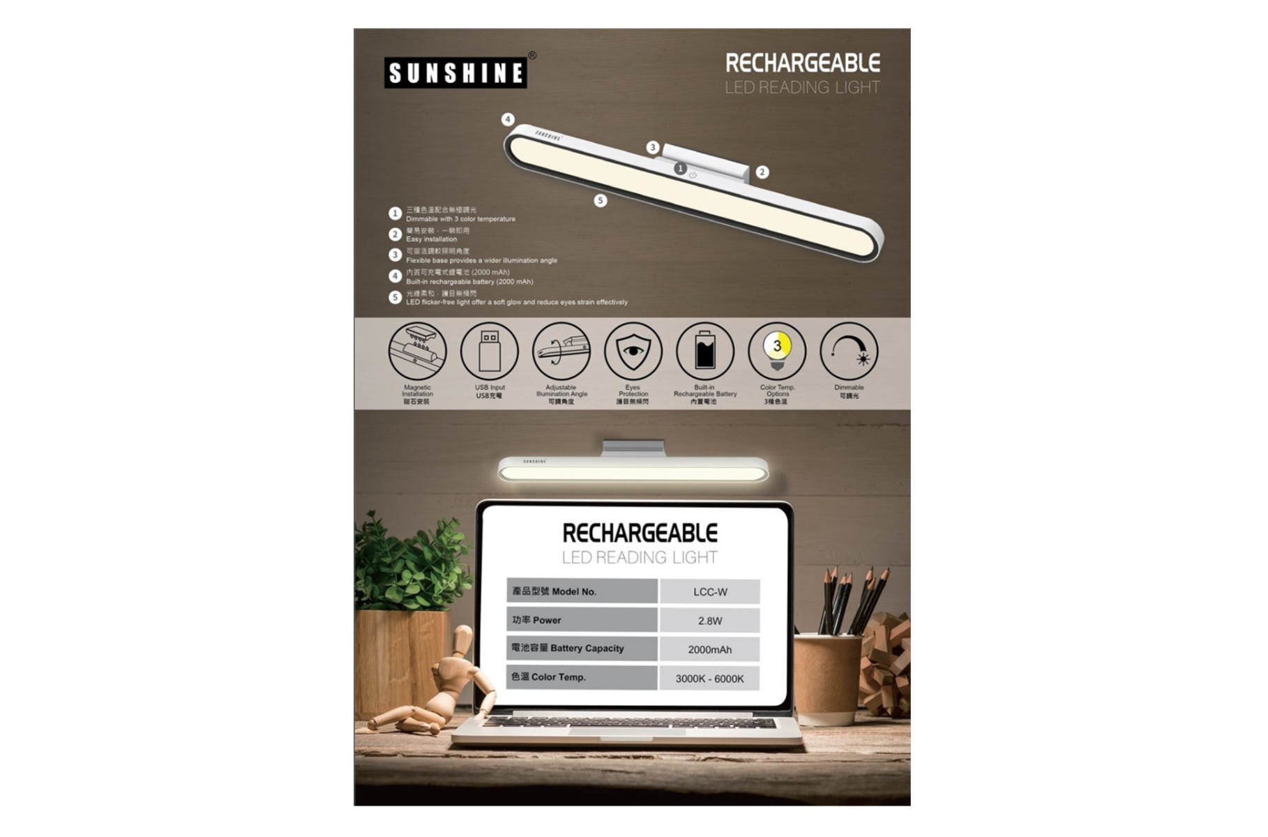 LCC-W LED Reading Light - Dimmable 3000K-4500K-6000K (e-Coupon)